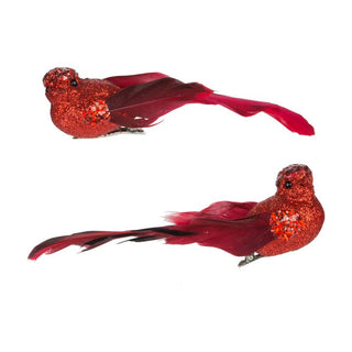 Two assorted red feather clip birds with glitter