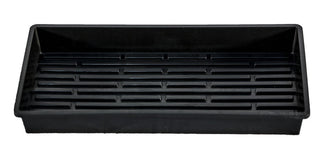 Black plastic tray with drainage holes on a white background