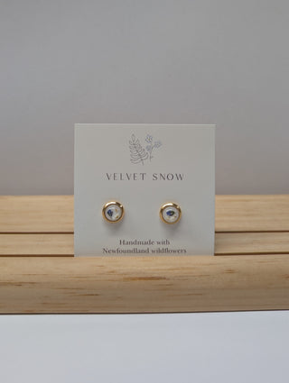 Stud Earrings | Speedwell + Queen Anne’s Lace | Small, Round | Gold Toned Stainless Steel