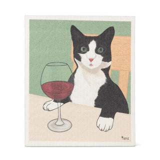 Cat with Wine Dishcloth 6.75x7.5"L