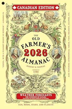 Cover of The Old Farmer's Almanac 2026 with decorative elements and text on a beige background