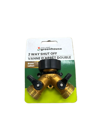 A 2-way shut-off valve with brass fittings, packaged on a card with the Holland Greenhouse branding.