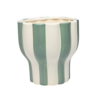 LARGE WHITE AND BLUE STRIPED TAPERED POT