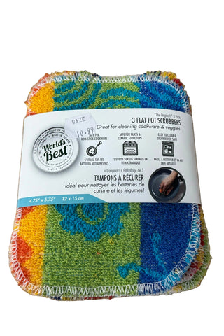 A colorful scrub brush with a label indicating it is a 3-in-1 eco-friendly scrubber and cleaner, suitable for various cleaning tasks.