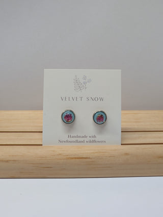 Stud Earrings | Bog Laurel on blue | Medium, Round | Stainless Steel