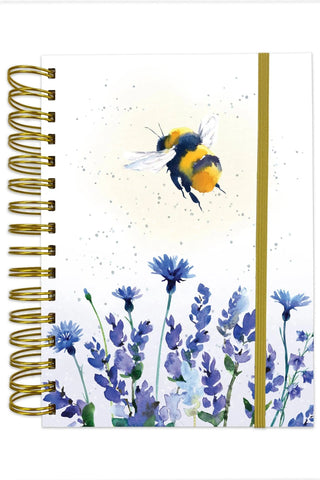 Notebook cover with a bee and flowers design on a white background