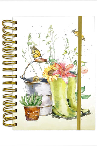 Gardening-themed notebook with green boots, flowers, and a watering can on a white background
