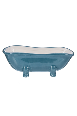 Blue ceramic bathtub-shaped dish on a white background