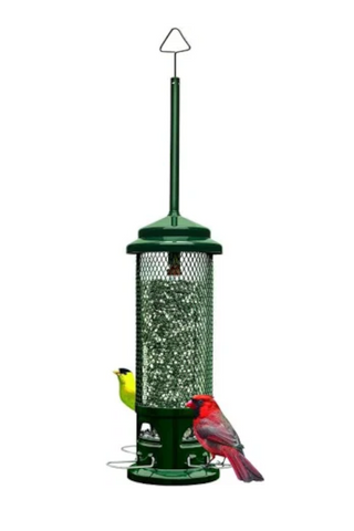 Bird feeder with two birds perched on it against a white background