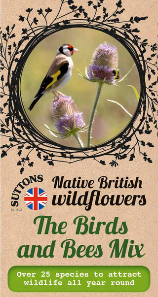 Suttons Native British wildflowers seed packet for 'The Birds and Bees Mix' with a bird and flowers illustration.