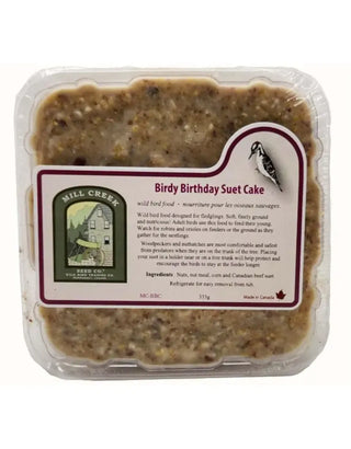 Birdy Birthday Suet Cake packaging with a label on a white background