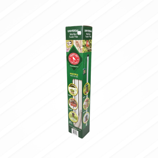 Green packaging of a universal bird feeder pole with images of birds and food on a white background