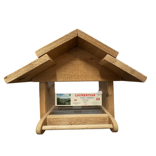 Wooden bird feeder with a visible brand label on a white background