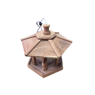Wooden hexagonal bird feeder on a white background