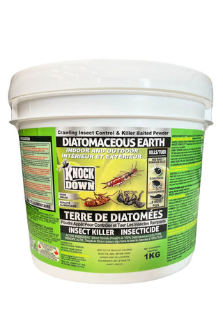 Container of diatomaceous earth with green label on a white background
