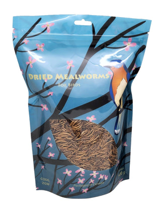 Package of dried mealworms with bird illustration on blue background