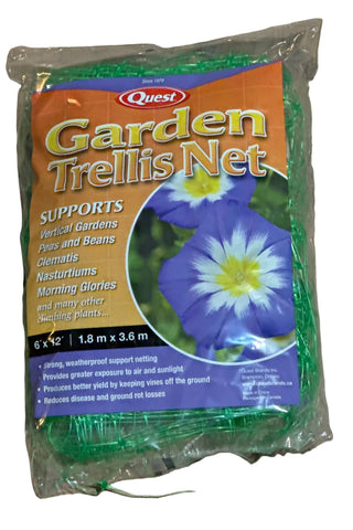A packaged green garden trellis net by Quest, designed to support climbing plants and flowers.