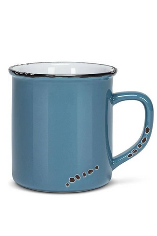 Blue enamel mug with a white rim on a white background