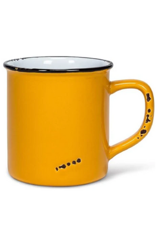 Yellow mug with black rim and handle on a white background