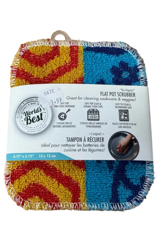 A colorful scrub brush with a label indicating it is a 3-in-1 eco-friendly scrubber and cleaner, suitable for various cleaning tasks.