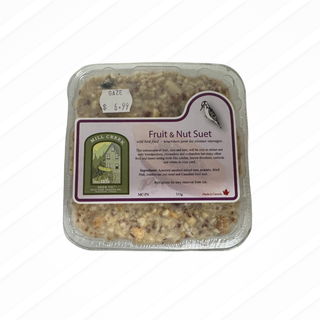 Packaged fruit and nut suet with a label on a white background