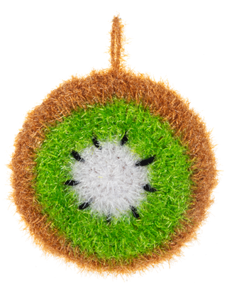 Decorative item resembling a kiwi fruit with green center and brown outer layer on a white background