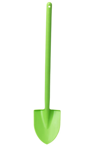 A green plastic shovel with a long handle, suitable for children.