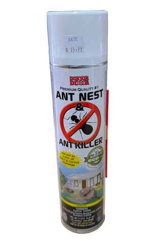 A spray bottle labeled 'Doktor Doom Ant Nest & Ant Killer' with a cartoon depiction of a character holding a spray bottle, and a caution sign featuring the ant symbol.