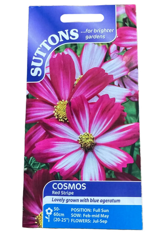 Suttons cosmos seeds packet with pink flowers on a white background