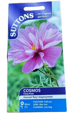 Suttons cosmos seed packet on a wooden surface