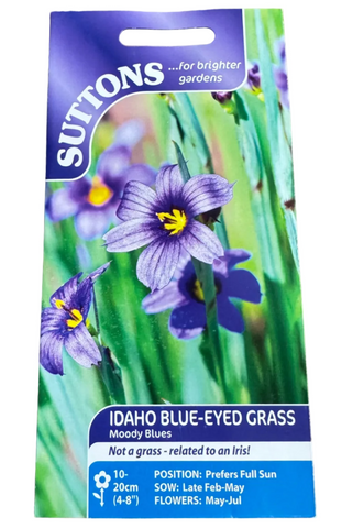 Suttons Idaho Blue-Eyed Grass seed packet on a wooden surface