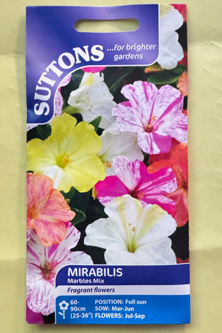 Suttons Mirabilis seeds packet on a textured beige background