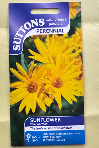 Suttons sunflower seeds packaging on a beige background