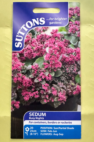 Suttons sedum plant packaging on a yellow background