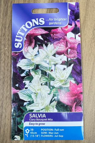 Suttons Salvia Clayie Bouquet Mix seed packet on a wooden surface