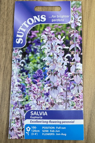 Suttons Salvia Euphoria seed packet on a wooden surface
