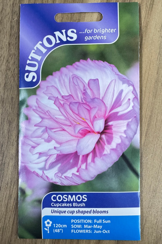 Suttons cosmos seed packet with a pink flower on a wooden surface