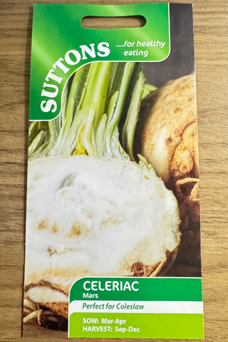 Suttons celeriac seed packet on a wooden surface