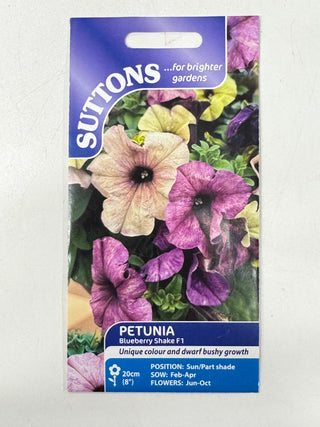 Suttons petunia seed packet with colorful flowers on a white background