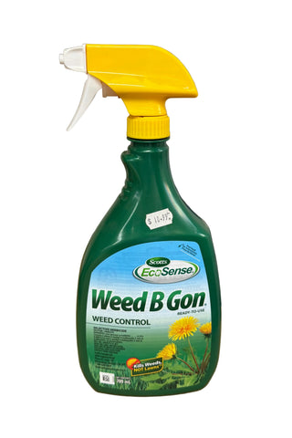A bottle of Scotts EcoSense Weed B Gon herbicide with a green label and a yellow spray nozzle.