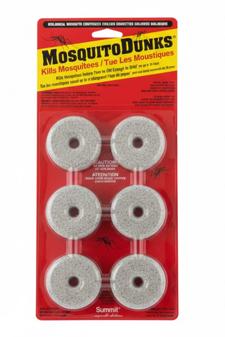 A pack of six 'Mosquito Dunks' in a red and clear plastic blister pack.