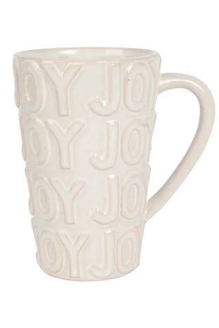White mug with 'JOY' text pattern on a white background