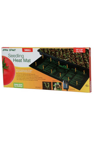 Box of Jump Start Seedling Heat Mat with images of plants and text on a white background