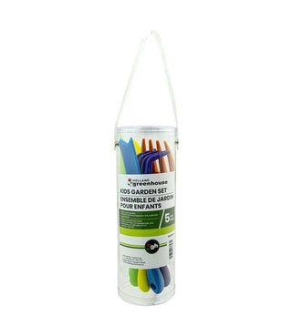 A clear plastic container with a label, containing a set of colorful children's garden tools, including a spade, rake, and gloves.