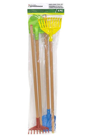 A pack of four children's gardening tools including a spade, rake, brush, and watering can, with long wooden handles and colorful plastic heads.