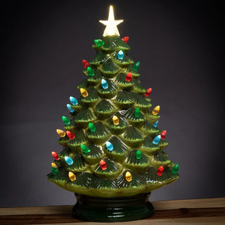 Green ceramic tabletop Christmas tree with colourful lights