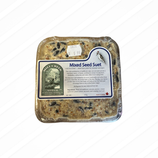 Packaged mixed seed suet with a label on a white background