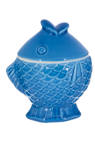 Two blue ceramic fish-shaped containers on a white background