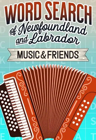 Accordian on a blue background with text about a word search book titled 'Music & Friends'.