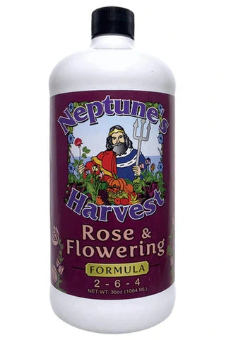 Bottle of Neptune's Harvest Rose & Flowering Formula on a white background